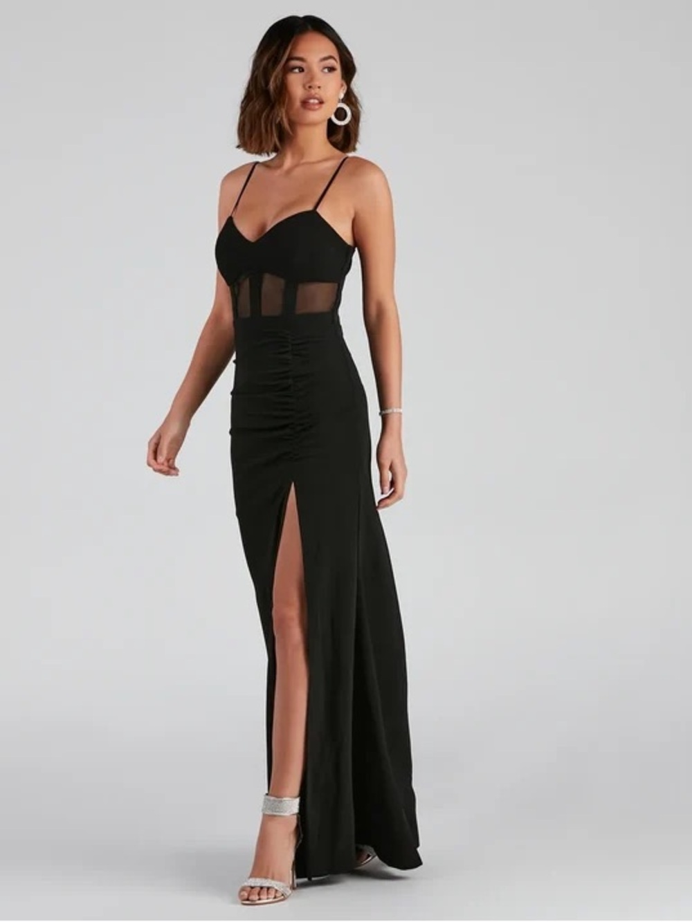 Black Mesh-Panel Ruched Maxi Dress with Thigh Slit